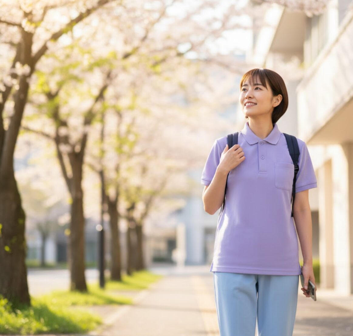 勤務を終えて職場から離れる際にリラックスした表情を見せる日本人介護士。単発バイトによる人間関係のストレスからの解放を表現。