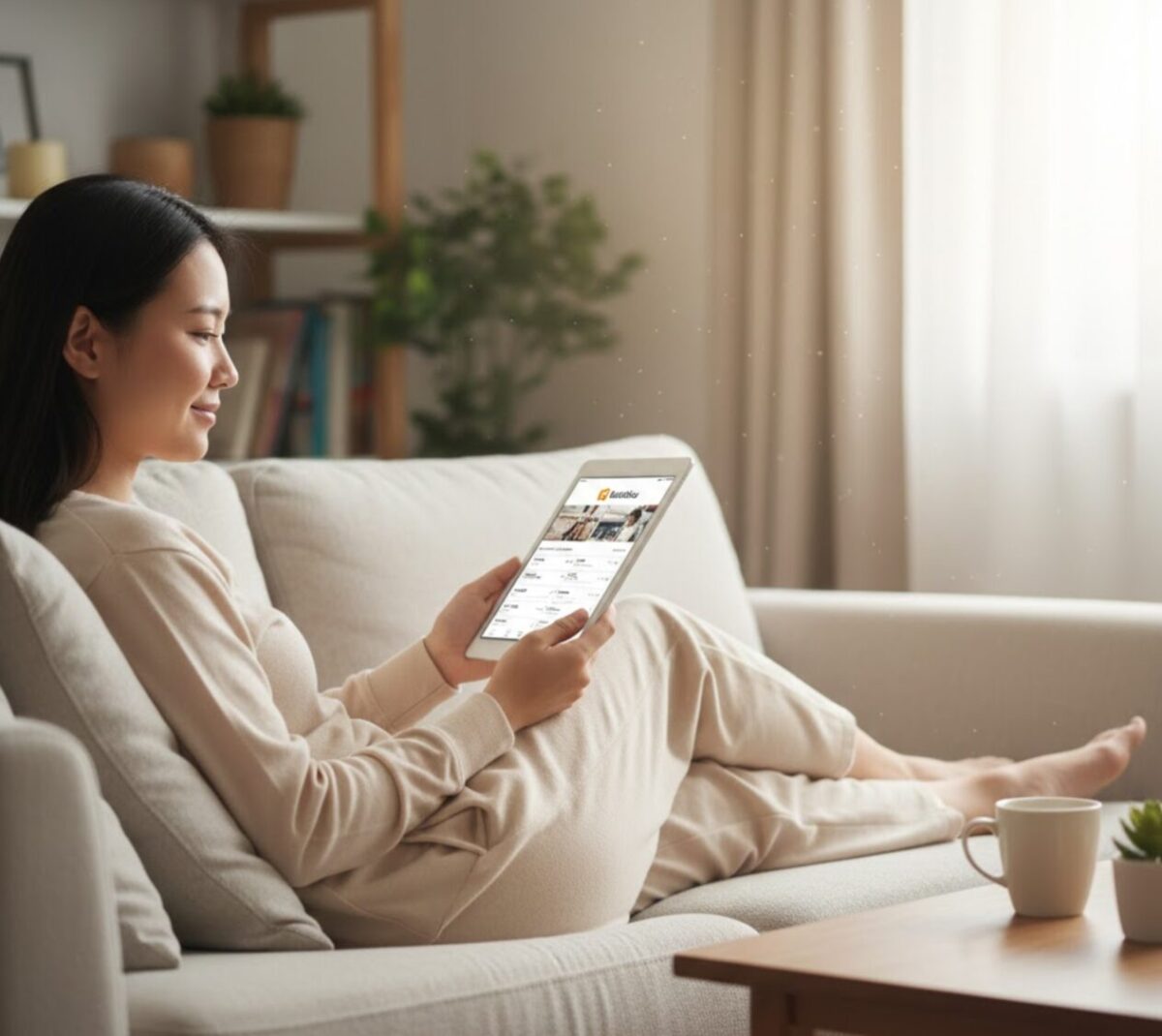 自宅のソファでリラックスしながらタブレットで仕事を探すアジア人。カイテクが提供する自由な働き方と心の余裕を象徴。