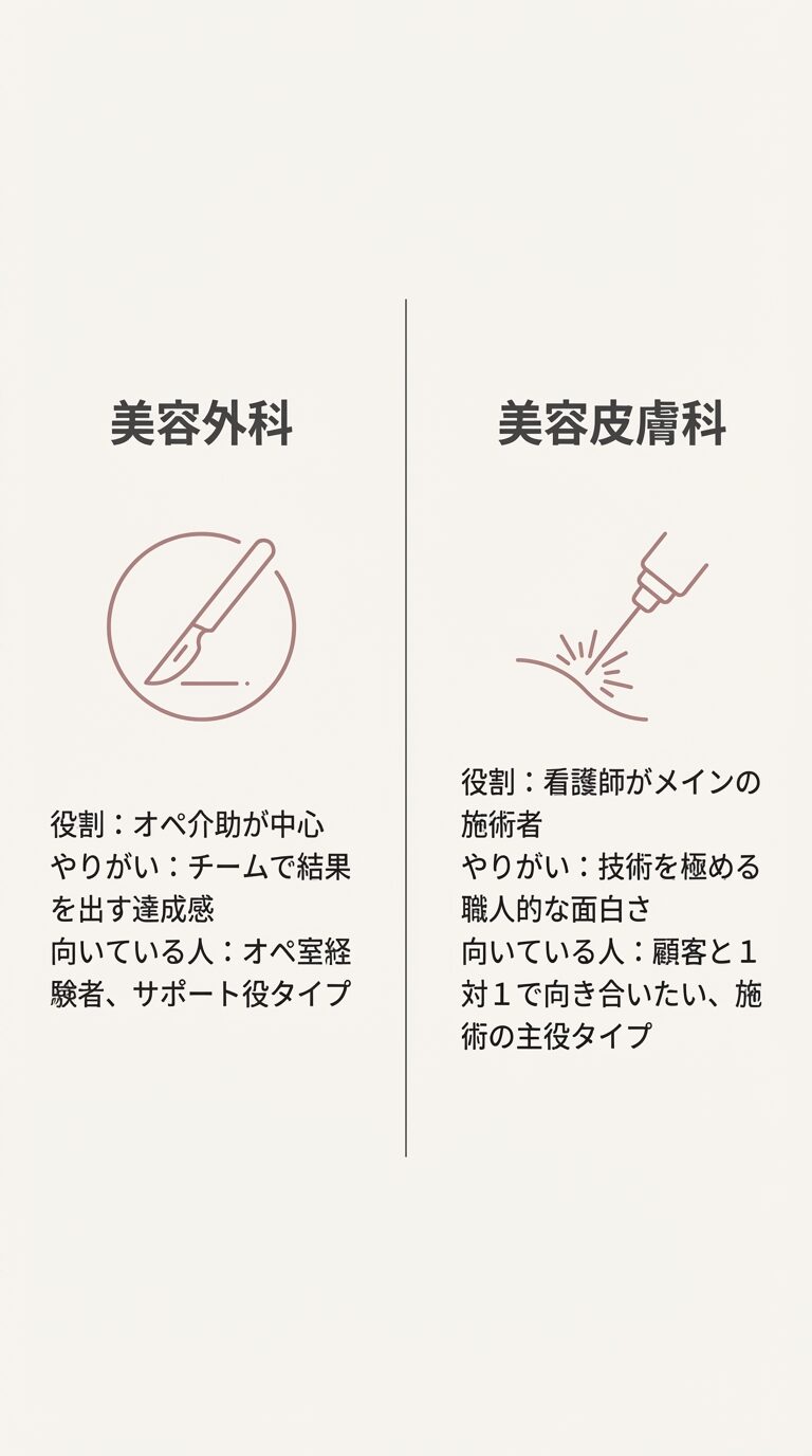 メス(美容外科)とレーザー(美容皮膚科)のアイコン比較図。美容外科はオペ介助中心、美容皮膚科は看護師がメインの施術者であるという特徴のまとめ。