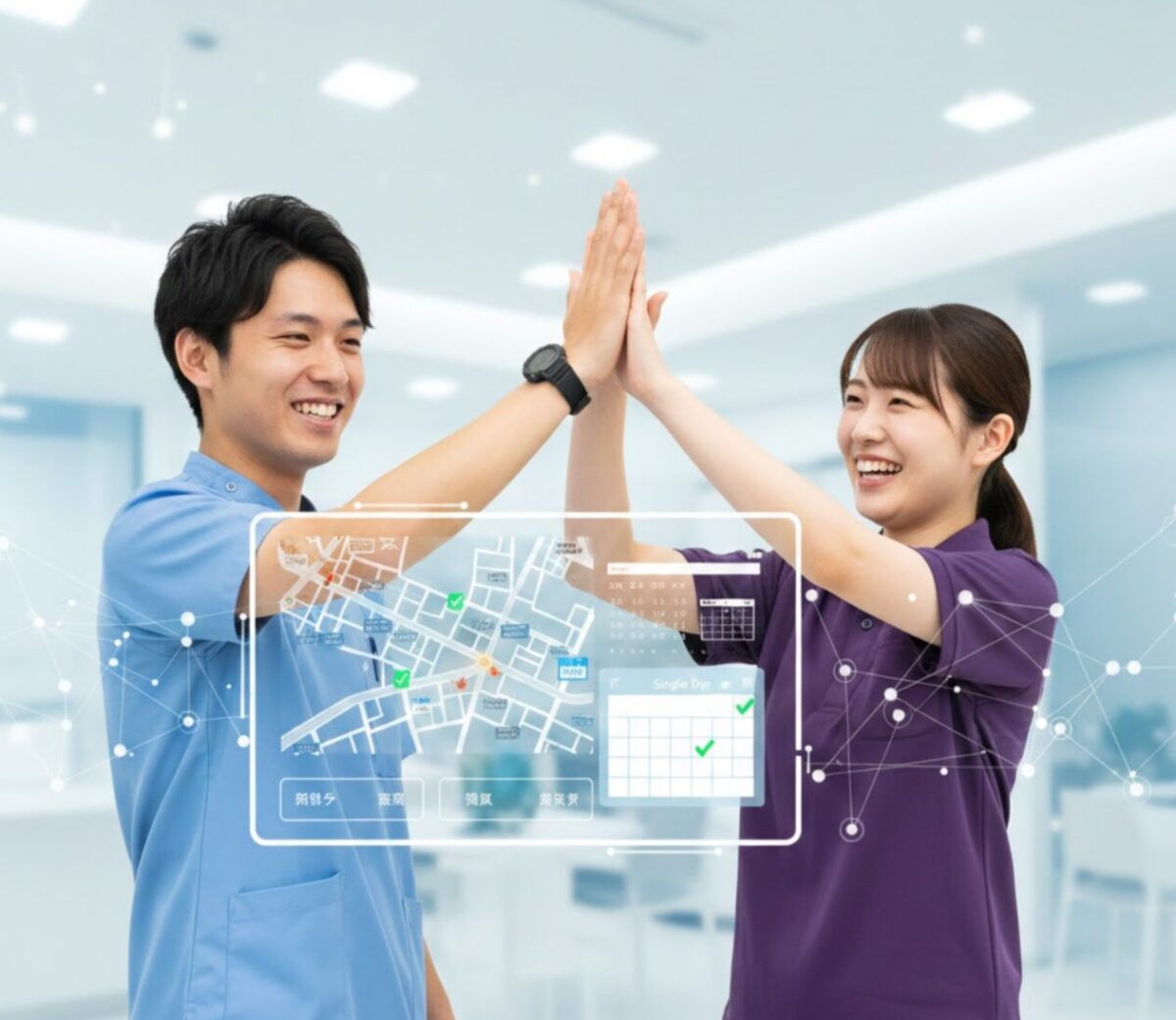 看護師と介護士がデジタルシフト画面の前でハイタッチしている画像。資格を活かした単発バイトの自由な働き方を表現。