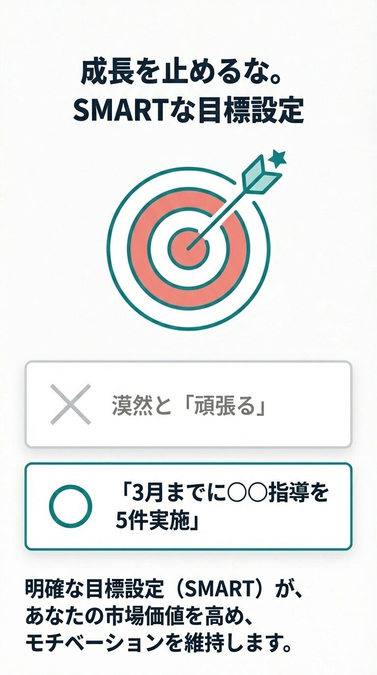 SMARTな目標設定で市場価値を高める 漠然と頑張るのではなく、期限や数値を明確にしたSMARTな目標設定の重要性。3月までに指導を5件実施するなど、具体的な目標が成長を促す。