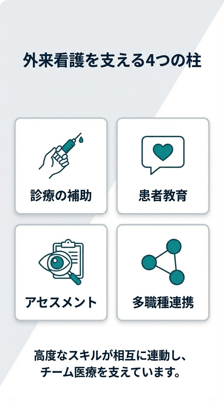 外来看護を支える4つのスキル 外来看護を支える4つの柱。診療の補助、患者教育、アセスメント、多職種連携のアイコン。これらの高度なスキルが連動してチーム医療を支える。