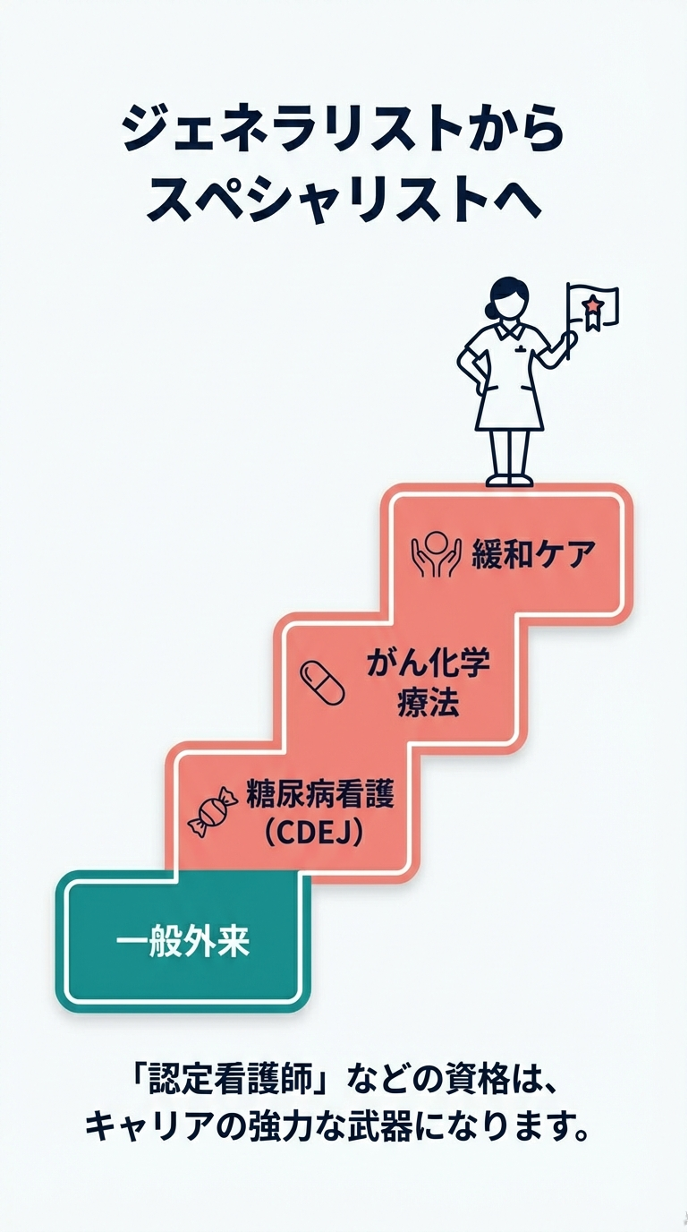外来看護師のキャリアステップ 一般外来から、糖尿病看護(CDEJ)、がん化学療法、緩和ケアへとステップアップする図。認定看護師などの資格取得がキャリアの武器になる。