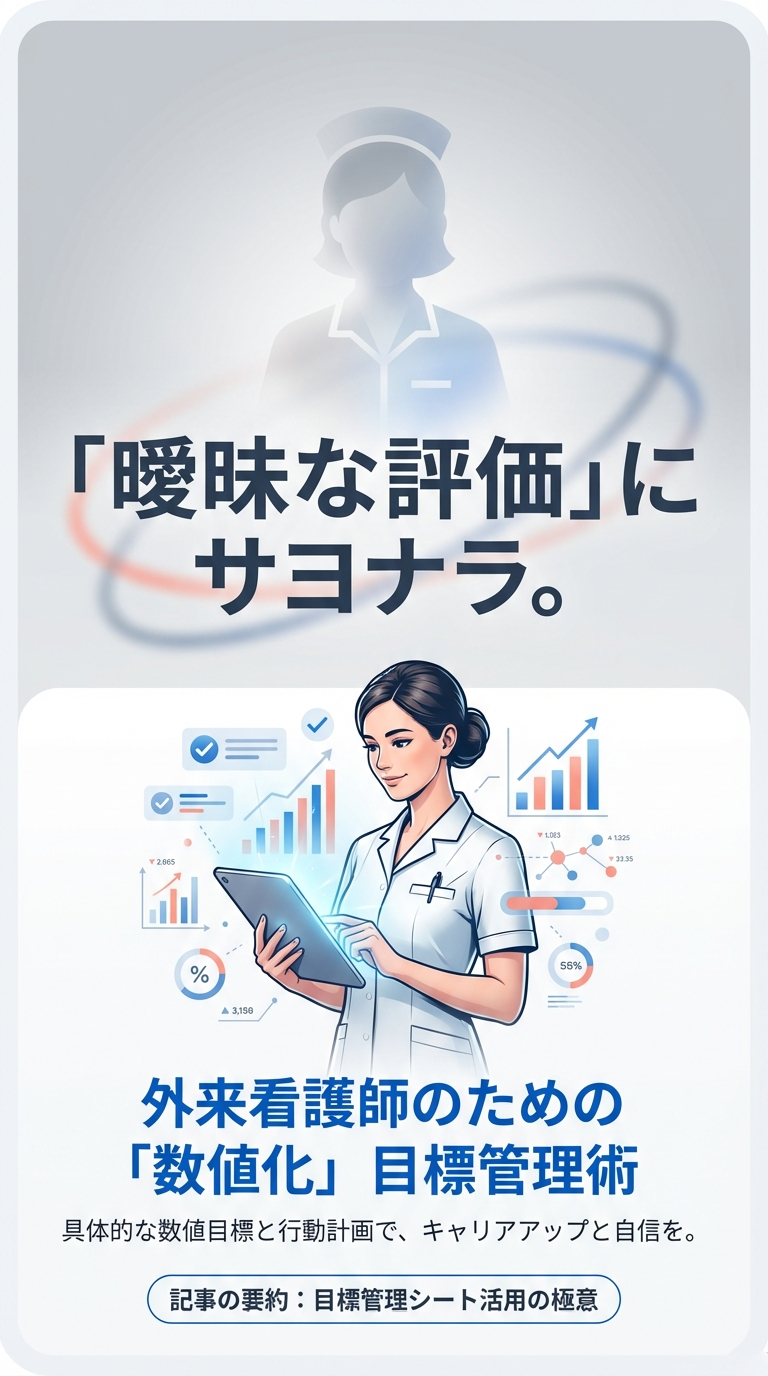 外来看護師のための「数値化」目標管理術というタイトルと、タブレットを操作する看護師のイラストが描かれたメインビジュアルスライド 