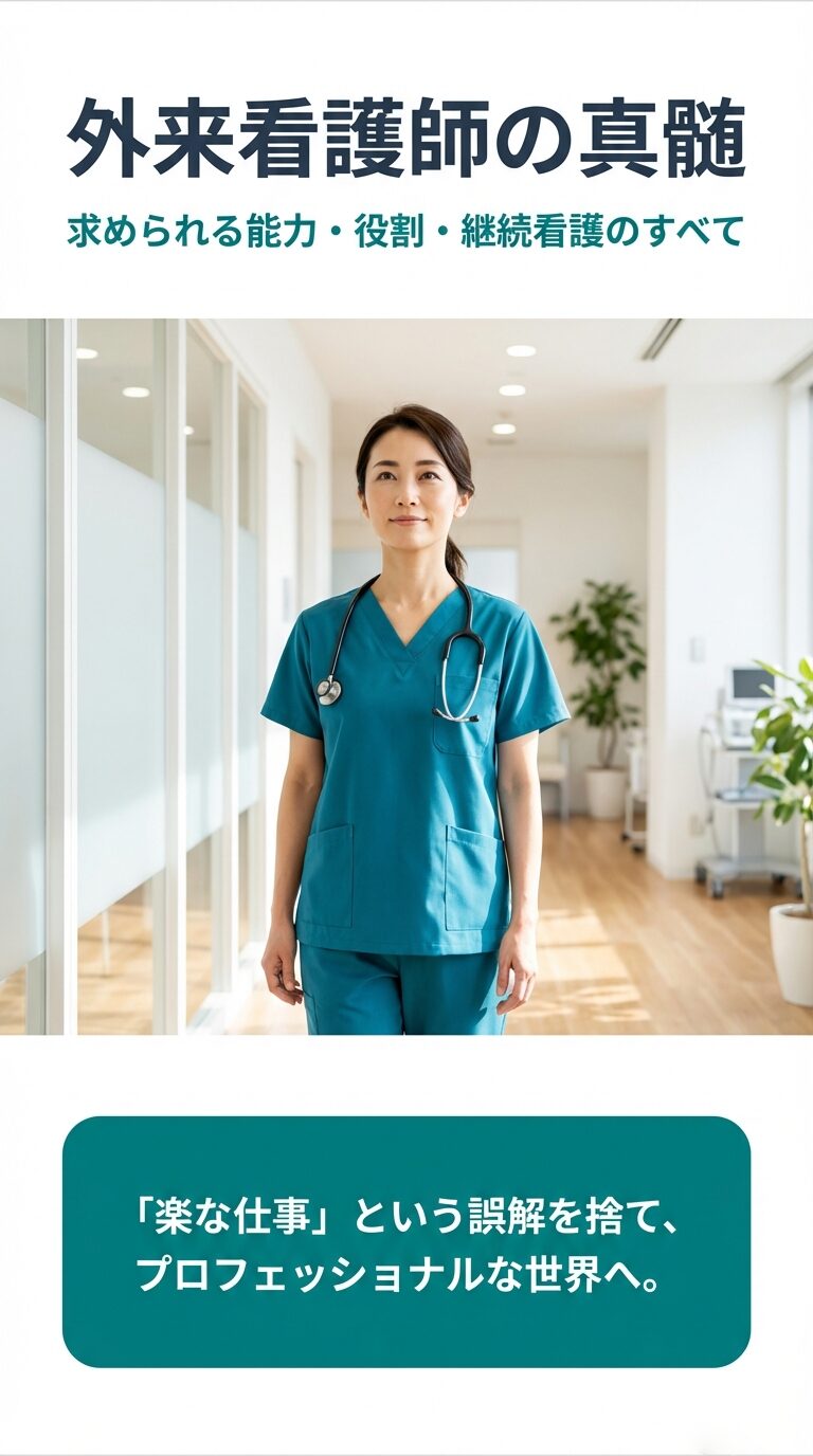外来看護師のプロフェッショナル進化論 外来看護師の真髄。求められる能力・役割・継続看護のすべて。プロフェッショナルな世界への一歩を解説するスライドの表紙。