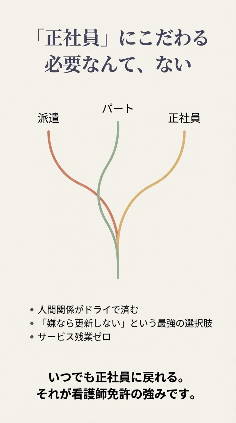 「正社員」にこだわる必要なんて、ない パート・派遣・正社員へと分岐する道のイラスト。派遣やパートなら人間関係がドライで済み、いつでも正社員に戻れるという看護師免許の強みを説明。