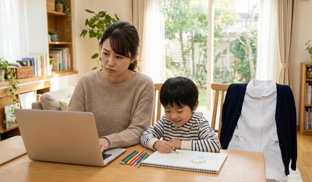 看護師の制服が置かれた家で、タブレットを前にして家計を計算する日本人シングルマザー看護師と、その隣で見守る幼い子どもの様子。
