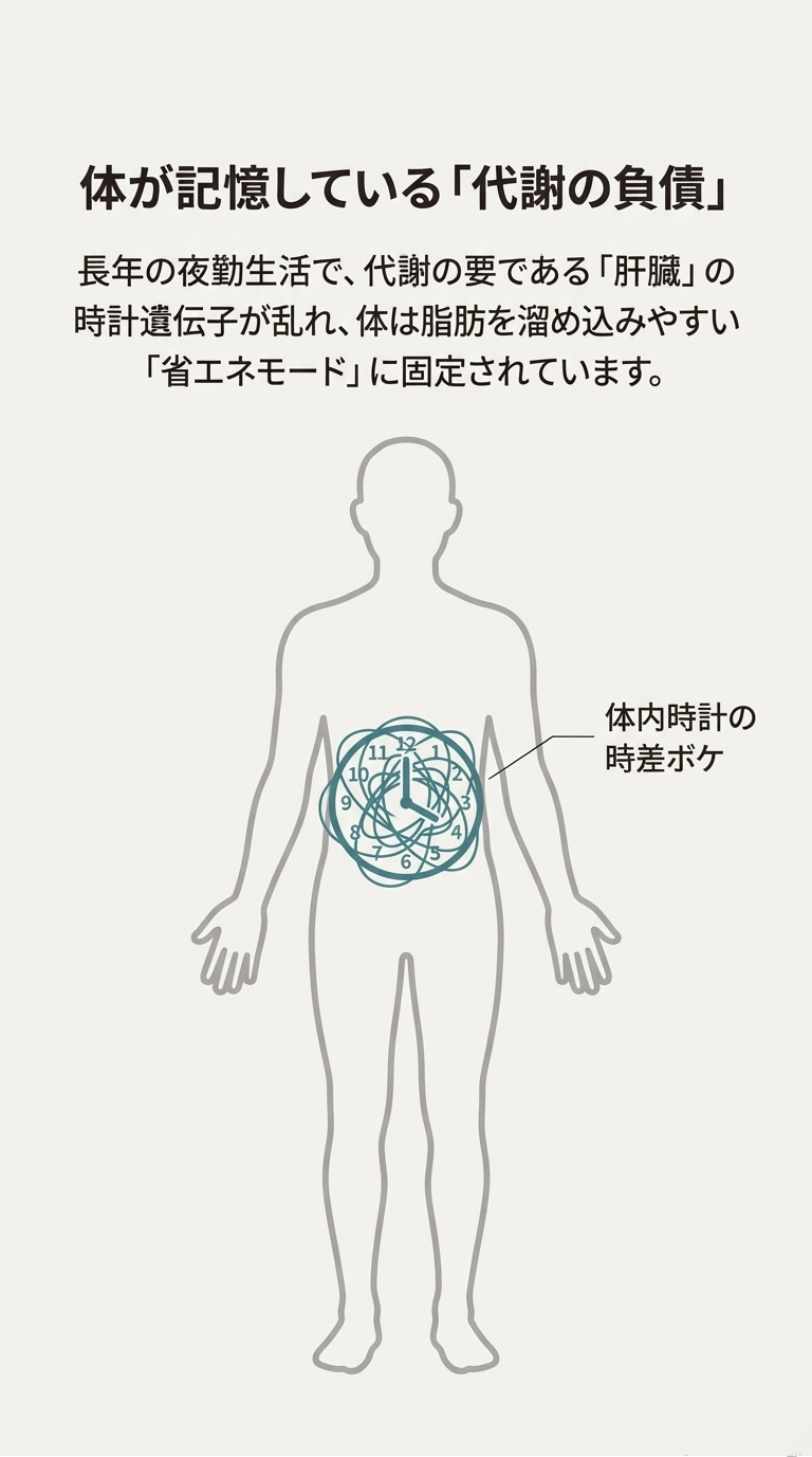 人体のイラストの腹部（肝臓）あたりで時計の針が絡まり、「体内時計の時差ボケ」「代謝の負債」によって省エネモードになっていることを示す図解。