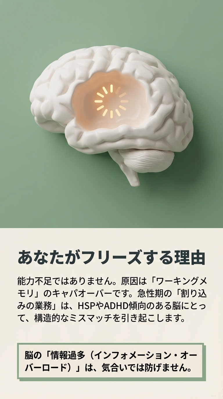 フリーズの原因は能力不足ではなく、急性期の割り込み業務による「ワーキングメモリ」のキャパオーバーであることを説明したスライド。HSPやADHDの特性とのミスマッチについても触れている。 