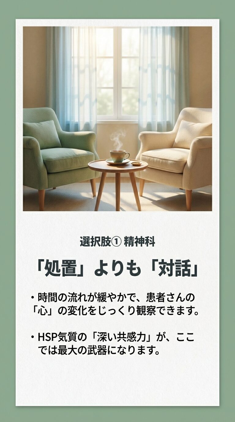 穏やかなリビングのような空間で、患者さんの心の変化をじっくり観察できる精神科の魅力を解説したスライド。HSPの共感力が武器になることを示している。 