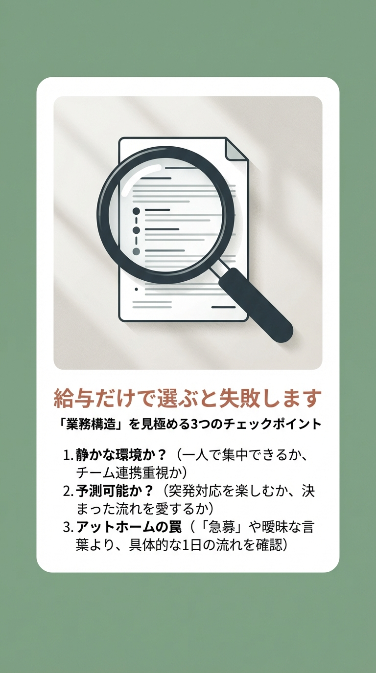 虫眼鏡で書類を覗き込むイラスト。「静かな環境か」「予測可能か」「アットホームの罠」という、給与だけで選ばないための具体的な確認事項をまとめたスライド