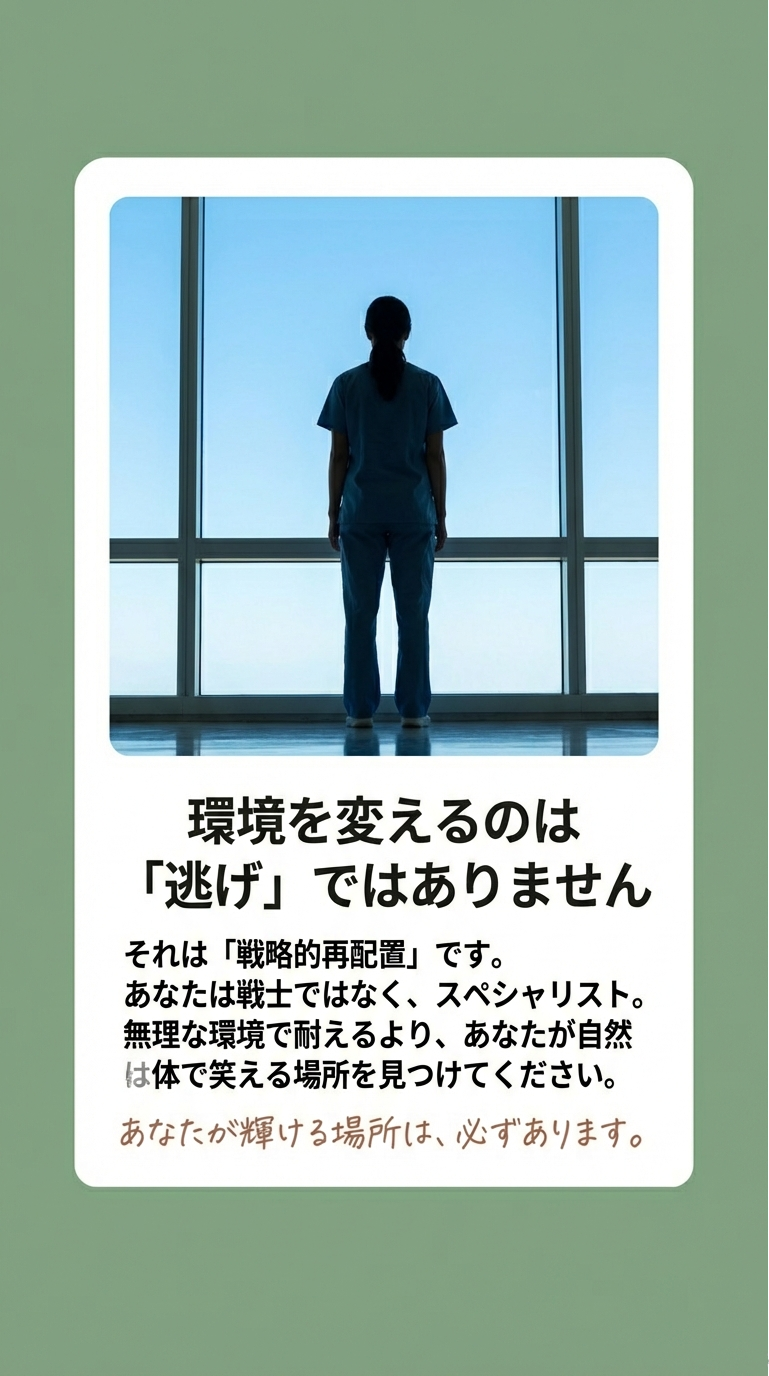 窓の外を眺める看護師の後ろ姿のシルエット。環境を変えることは逃げではなく、自分が輝ける場所を見つけるための戦略的再配置であると力強く背中を押す結びのスライド。 