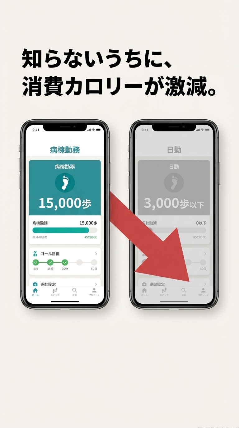 病棟勤務（15,000歩）と日勤のみ（3,000歩以下）の歩数の差をスマートフォンの歩数計画面風に比較し、消費カロリーが激減していることを示す図。