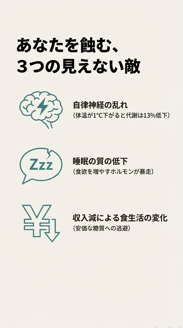 自律神経の乱れ（体温低下）、睡眠の質の低下（食欲暴走）、収入減による食生活の変化（糖質への逃避）の3点をアイコンでまとめた図解。