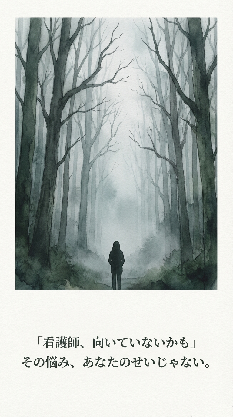 霧が立ち込める森の中に一人で立つ人物のイラスト。「看護師、向いていないかも。その悩み、あなたのせいじゃない。」というキャッチコピーが書かれたスライド