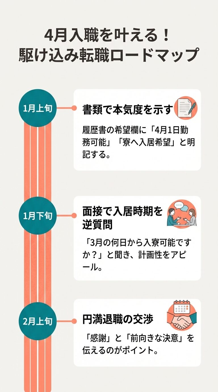 1月上旬の書類作成、1月下旬の面接での逆質問、2月上旬の退職交渉をまとめたステップ図。 