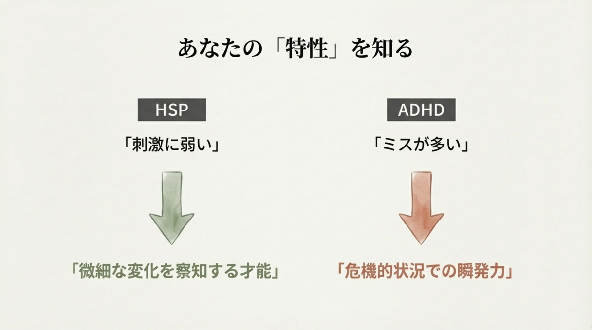HSP（刺激に弱い）とADHD（ミスが多い）という特性が、それぞれ「微細な変化を察知する才能」や「危機的状況での瞬発力」という強みに変換できることを示す図解スライド。