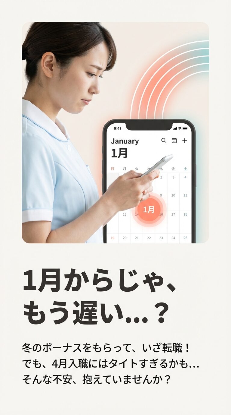 カレンダーを背景に「1月からじゃ、もう遅い…？」と悩む看護師のイメージスライド。 
