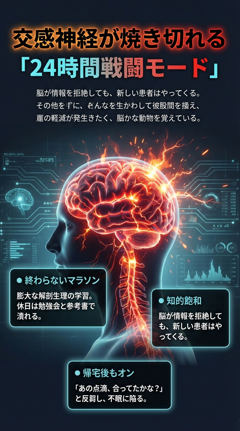 終わらない学習、知的飽和、帰宅後もオン状態が続くことによる精神的な疲弊プロセスを説明するスライド。