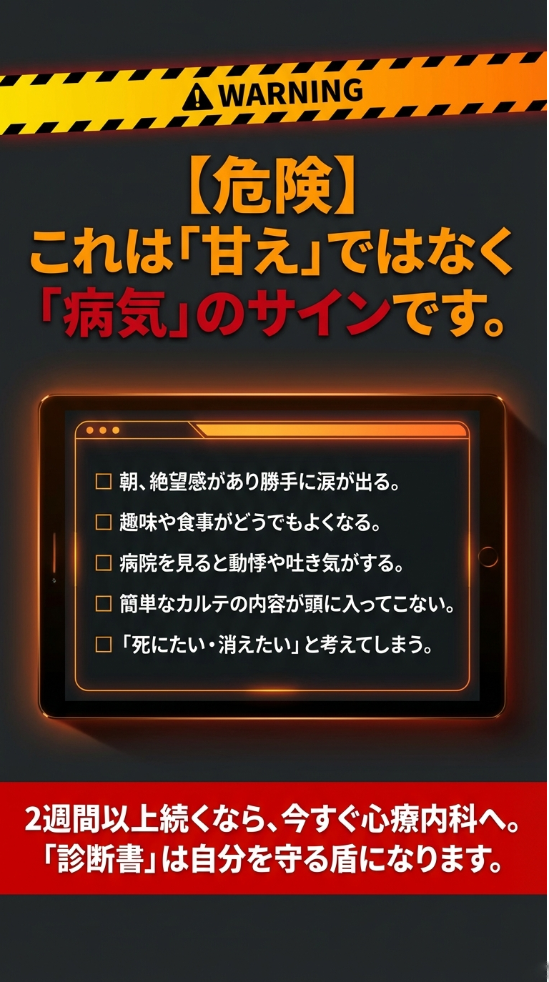 絶望感、動悸、カルテが頭に入らないなどの症状が2週間続く場合は心療内科を受診すべきであることを伝える警告スライド。