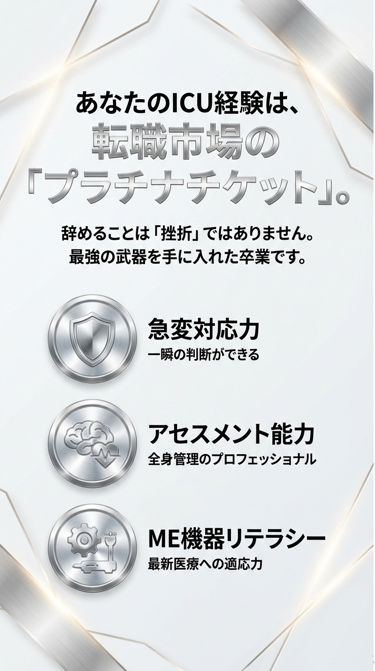 急変対応力、アセスメント能力、ME機器リテラシーなど、ICUで得たスキルが最強の武器（プラチナチケット）になることを解説するスライド。