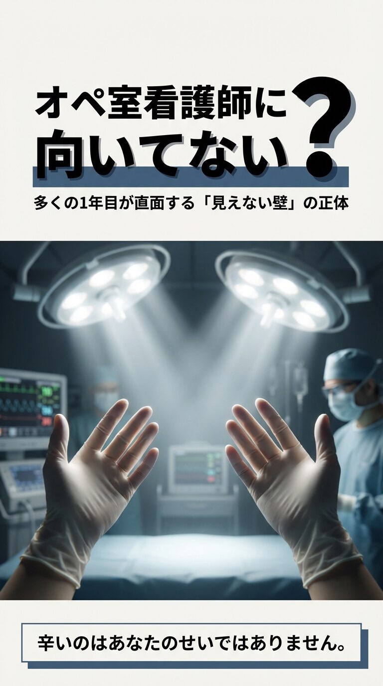 手術室のライトに照らされた手袋をはめた手と、「向いてない」という悩み、1年目が直面する壁について書かれた画像