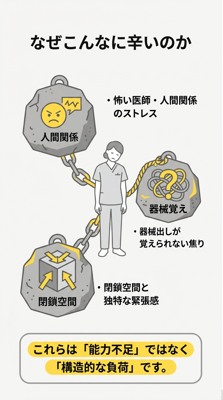 看護師が「人間関係」「器械覚え」「閉鎖空間」という大きな岩の重荷を背負っているイラスト