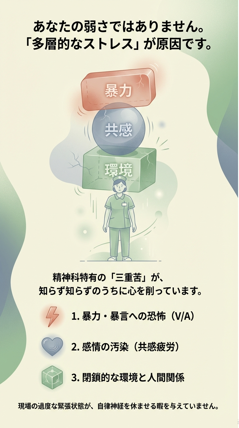 精神科特有の「三重苦」 スライド2枚目。看護師の上に「暴力」「共感」「環境」という大きなブロックが積み重なり、重圧がかかっている図解。精神科特有のストレス構造を説明。