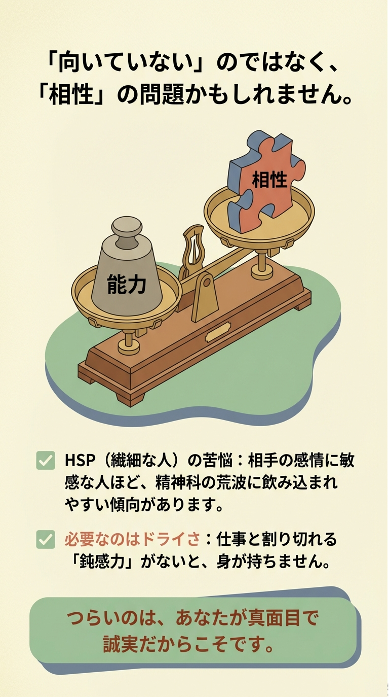 能力ではなく「相性」の問題 スライド6枚目。天秤の左側に「能力」という重り、右側にパズルのピースのような「相性」が乗っているイラスト。HSP(繊細な人)の苦悩と、必要なのはドライさであるという解説。