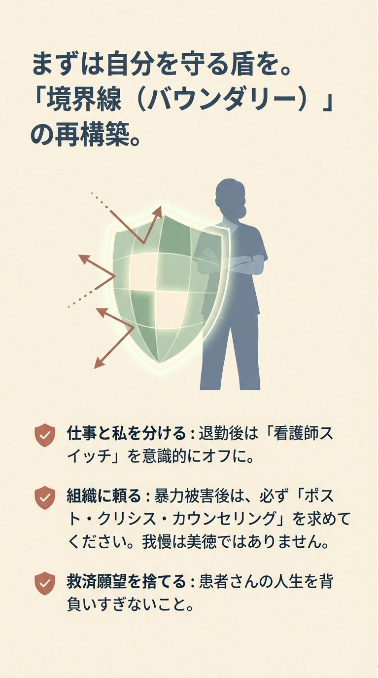 スライド7枚目。看護師が光る盾を構え、外からの矢印(ストレス)を跳ね返しているイラスト。「境界線の再構築」として、仕事と私を分けること、組織に頼ること、救済願望を捨てることの重要性を説明。