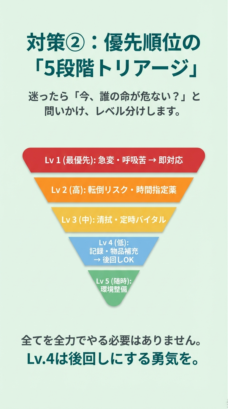 生命の危機に関わるLv1から、後回し可能なLv4、環境整備のLv5までを分類した優先順位表。 