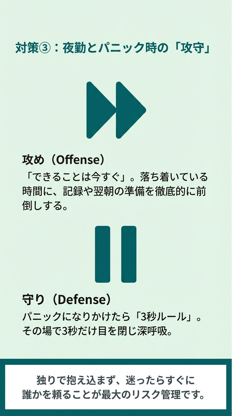 余裕がある時に前倒しする「攻め」と、パニック時に3秒深呼吸して誰かを頼る「守り」を説明する図解。 