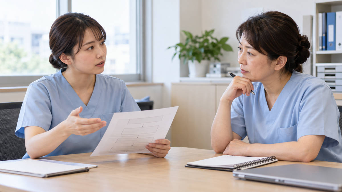 職場の改善提案について資料を使って相談する二人の看護師のイメージ